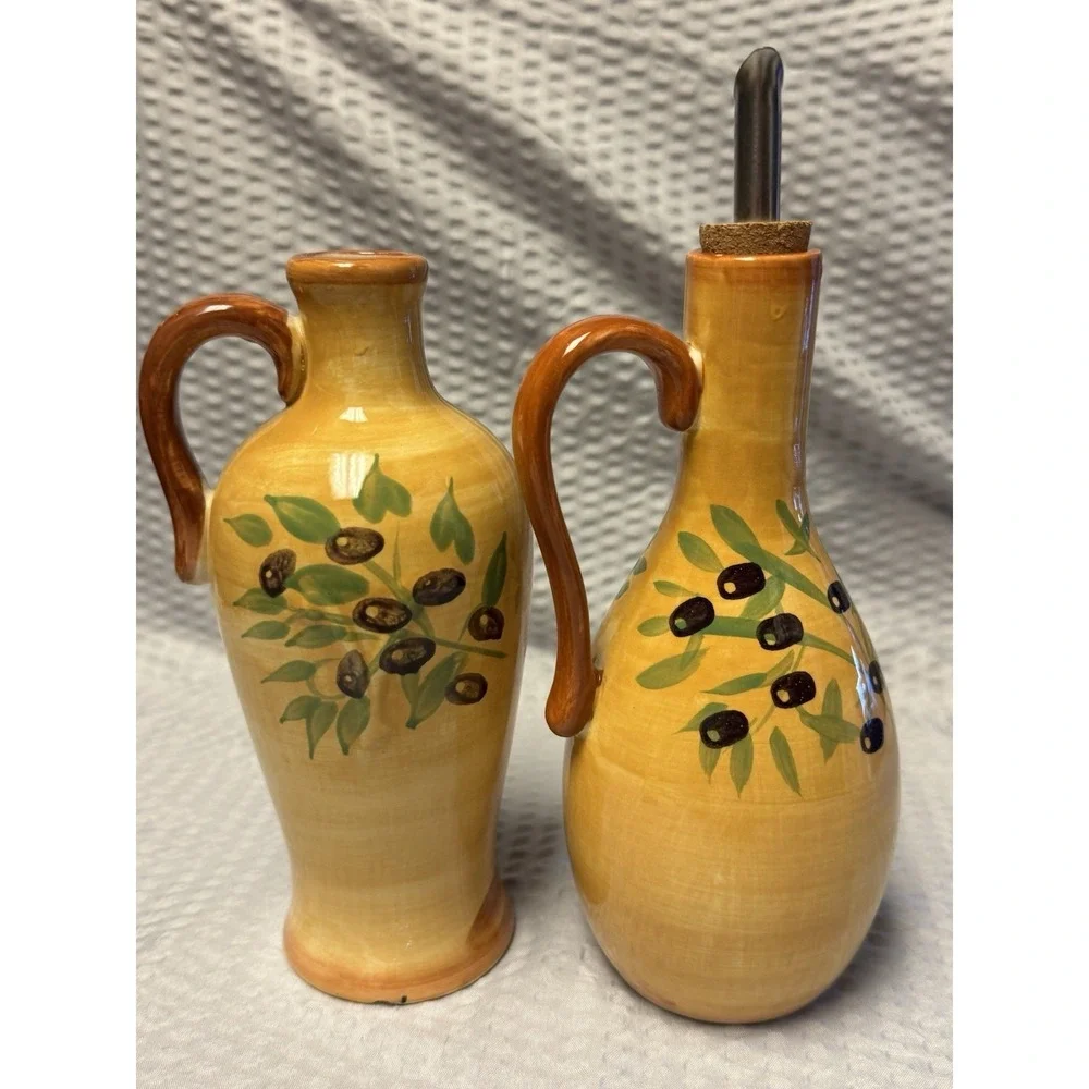 Vintage Pfaltzgraff Olive Grove Oil & Vinegar Jars w/drizzle‎ Spout RARE